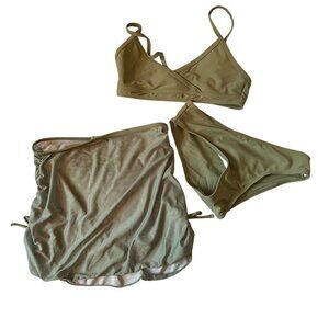 Kids 3-Piece Olive Green Bikini Set With Wrap Skirt